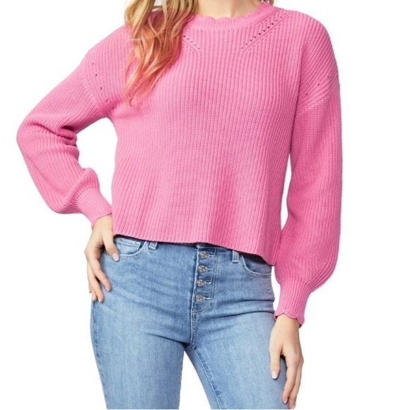 PAIGE Yenni Balloon Sleeve Sultry Rose Scalloped Crew Neck Sweater - Sz Med, NWT - Picture 3 of 14
